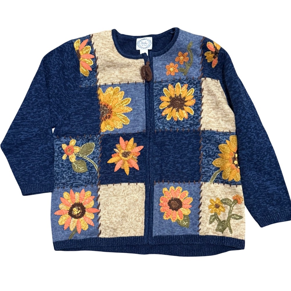 VTG Stitches In Time‎ Womens 1X Sunflower Patchwork Zip Cardigan Sweater Floral